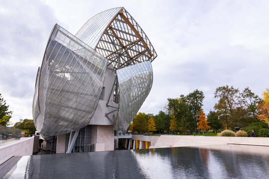 Paris, France, October 21, 2025 - Exterior of the&nbsp;2014 Louis Vuitton Foundation art museum and cultural center by architect Frank Gehry seen in the fall
