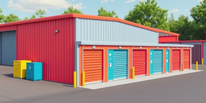 Modern red and silver self storage facility with colorful roll up doors and outdoor barrels on a sunny day - Powered by Adobe