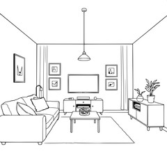 “A stylized black-ink line depiction of a contemporary living room. Tight frontal perspective. Prominent sofa on the left, centered TV with twin pendant lights, framed pictures arranged symmetrically,
