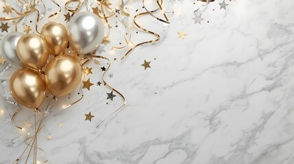 Golden and silver balloons with confetti and ribbons on a marble surface for celebration background