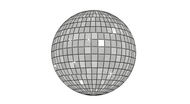 A detailed, high-resolution, 3D render of a classic disco ball with many reflective square facets.