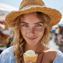 Close up of young smiling woman wearing straw hat eating an ice cream on holidays, looking at camera outdoors.