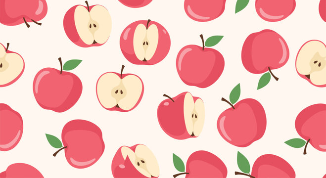 Seamless pattern of vibrant red apples and apple halves against a soft cream background, perfect for kitchen decor, food packaging, or springtime designs.