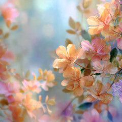 Colorful pink orange yellow flowers with soft bokeh background, beautiful spring garden scene creating peaceful dreamy atmosphere with natural floral beauty and delicate blooms in vibrant pastel artis