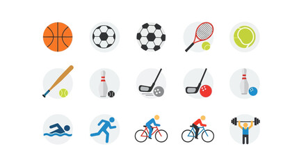Colorful Sports Icons Set with Balls and Athletes for Fitness and Training