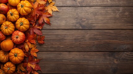 Autumn arrangement of pumpkins and leaves on a rustic wooden surface creating a seasonal display