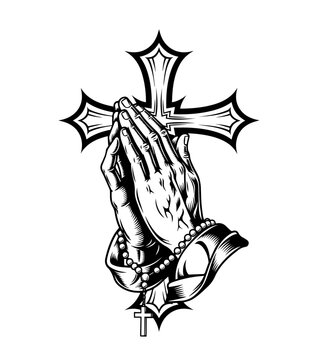 A striking black and white vector illustration of praying hands holding a rosary against an ornate Christian cross, symbolizing faith and devotion