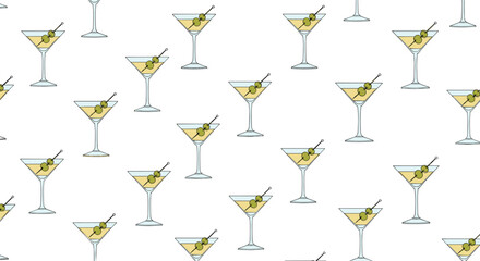 Seamless pattern featuring classic martini cocktails in elegant glasses garnished with green olives, perfect for backgrounds and design elements.