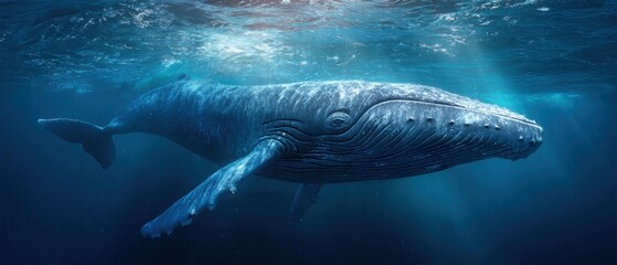 Naklejka premium Majestic whale swimming in deep blue ocean