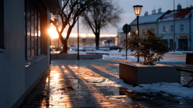 A picturesque scene at sunset with glowing reflections on a snowy sidewalk highlights the beauty of winter and the changing light, adding depth and warmth to the urban setting.
