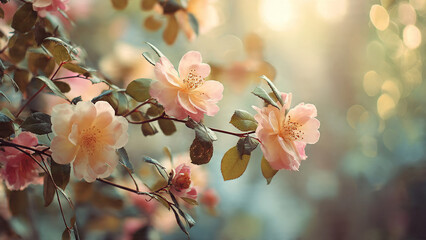 Soft pink peach cherry blossom flowers with green leaves in dreamy bokeh garden, delicate spring blooms creating serene peaceful atmosphere with natural floral beauty and pastel artistic tones