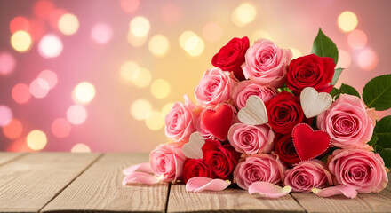 Stunning bouquet of vibrant red and pink roses adorned with charming heart decorations, perfect for expressing love and affection on any special occasion.