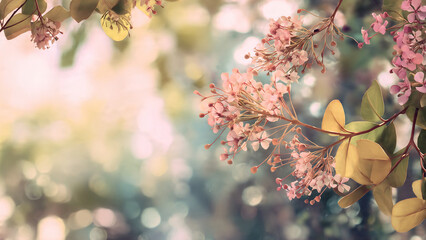 Beautiful pink cherry blossom branches with fresh spring foliage, delicate flowers and vibrant green yellow leaves creating colorful seasonal display in natural garden landscape setting
