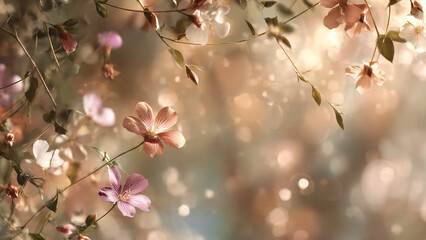 Soft pink cherry blossom flowers in dreamy bokeh garden, delicate spring blooms with artistic blur creating romantic peaceful atmosphere and natural floral beauty in pastel tones
