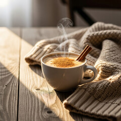 Cozy morning comfort, steaming coffee dusted with cinnamon, embraced by soft knitwear, bathed in warm sunlight on a rustic wooden table.