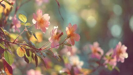 Vibrant pink cherry blossom flowers with fresh green leaves on branches, soft focus spring background showcasing natural beauty and seasonal floral display in garden setting