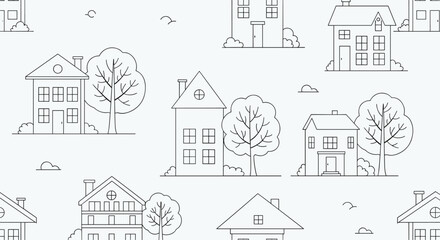 Fototapeta premium Charming neighborhood illustration featuring simple line-drawn houses, trees, and clouds in a repeating pattern, creating a peaceful suburban scene.