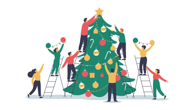 Festive Teamwork: Illustration of individuals collaborating to decorate a large Christmas tree, symbolizing the spirit of togetherness and holiday preparation.