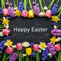 Vibrant spring floral frame with tulips and daffodils celebrates Happy Easter with joyful colors and fresh blooms