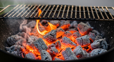 Ignite outdoor gatherings with glowing barbecue coals and a hot grill ready for delicious summer feasts and backyard cooking.