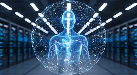 Artificial intelligence human digital avatar in server room for ai technology concept design