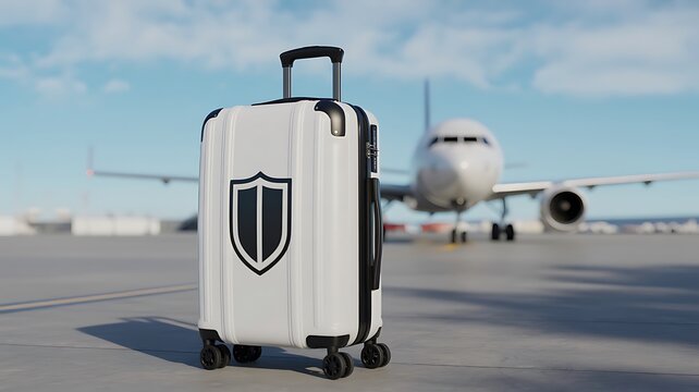 Secure travel suitcase with protection symbol at airport runway
 - Powered by Adobe