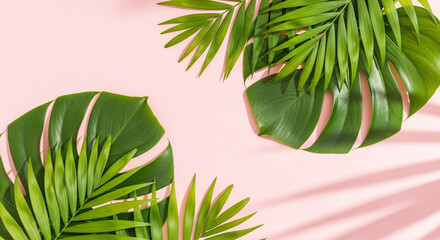 Vibrant tropical palm leaves artfully arranged on a soft pink background casting delicate striped shadows, evoking summer paradise vibes