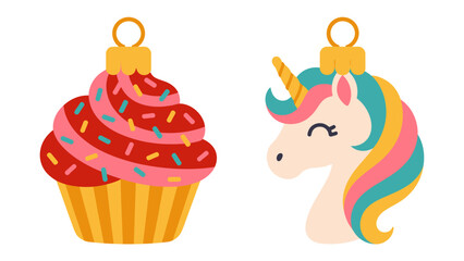 Whimsical Decorations: A collection of delightful decorations, including a cupcake-shaped ornament and a unicorn head ornament, ready to add a touch of magic to your celebration. 
