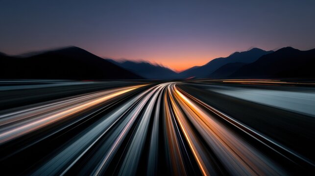 Speeding highway at dusk with mountain background