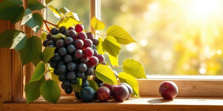Freshly harvested dark red grapes and plums bathed in warm golden sunlight on a wooden sill - Powered by Adobe