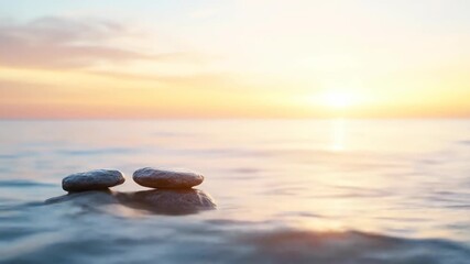 Balanced stone stacks in tranquil ocean water at golden sunset horizon