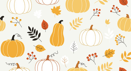 A charming autumn pattern featuring pumpkins, gourds, and fall foliage in warm, muted tones creates a cozy seasonal backdrop for designs and projects.