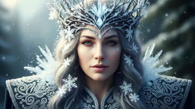 Woman in crown and elegant gown in snowy forest casting ice magic. Winter queen standing in mystical Nordic nature for Yule celebration.