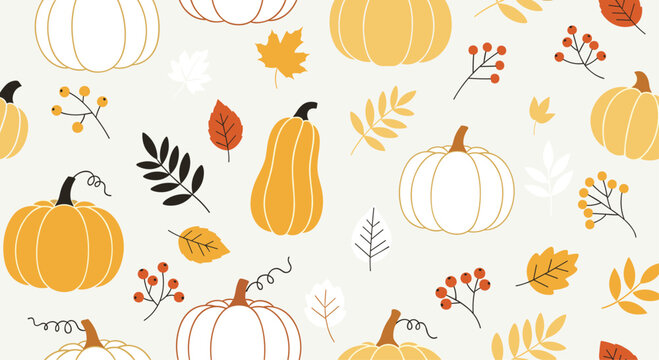 A charming autumn pattern featuring pumpkins, gourds, and fall foliage in warm, muted tones creates a cozy seasonal backdrop for designs and projects.