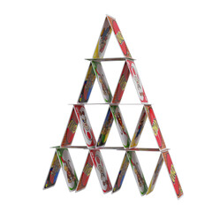 Creative house of cards made from colorful UNO cards displayed on a transparent background