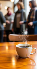 Steaming cup of coffee on a polished wooden table with blurred people conversing in the background, creating a cozy cafe atmosphere for connection and conversation.