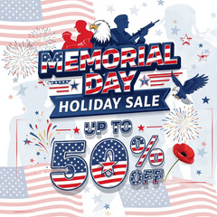 Celebrate Memorial Day with a massive holiday sale featuring up to 50% off, patriotic fireworks, and symbols of freedom and remembrance