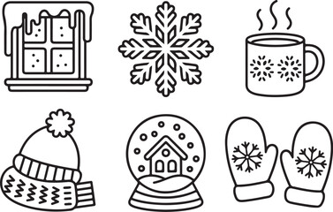 Winter Line Art Clipart Pack | Snowflake, Mug, Hat, Sweater, Mittens & Snow Globe