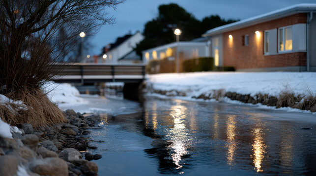 A tranquil creek flowing through a serene snowy landscape, beautifully reflecting the calmness and beauty of winter, inviting contemplation and appreciation of nature.
