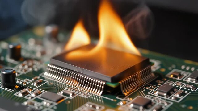 Close up of a burning computer chip with smoke rising, indicating a malfunction or overheating of electronic components