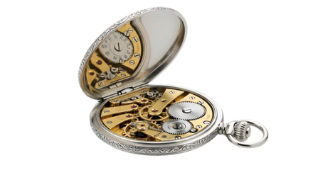 Elegant antique silver pocket watch open showcasing golden mechanical gears isolated on transparent background