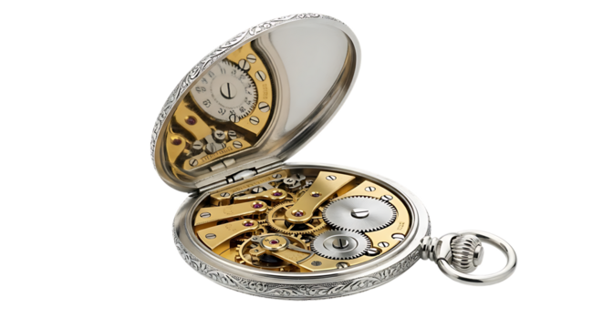 Elegant antique silver pocket watch open showcasing golden mechanical gears isolated on transparent background