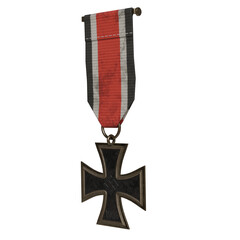 Obraz premium Black iron cross medal with red, white, and black ribbon displayed against a transparent background
