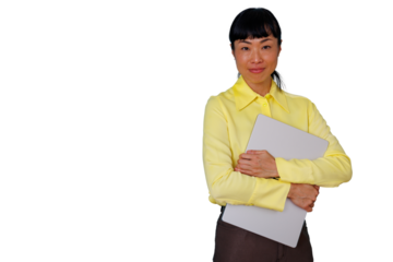 Asian businesswoman holding a laptop, smiling at the camera, conveying professionalism, success, and digital communication on transparent background