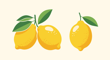 Obraz premium A vibrant illustration of three bright yellow lemons with green leaves against a soft cream background, showcasing fresh citrus fruit and a summery aesthetic.