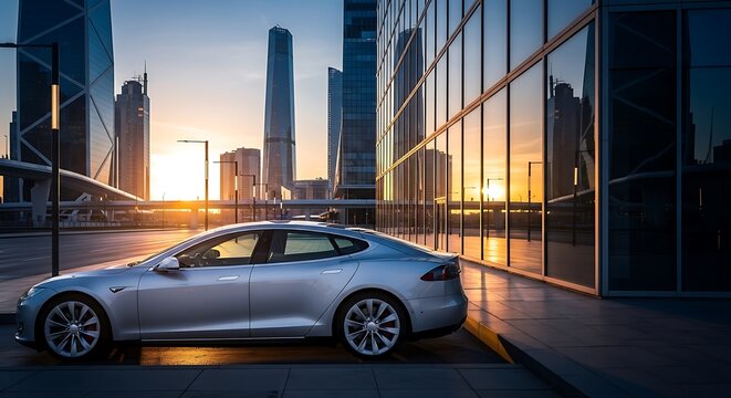 A contemporary silver electric car gleams against a backdrop of modern architecture at sunset, symbolizing innovation, luxury and sustainable transportation solutions. - Powered by Adobe