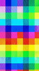 Vibrant rainbow plaid pattern with a retro halftone dot texture adds a playful, modern touch to any creative project