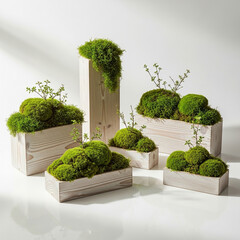 Vibrant green moss arrangements in rustic wooden planters evoke natural tranquility and modern minimalist decor, bringing serene organic beauty indoors.