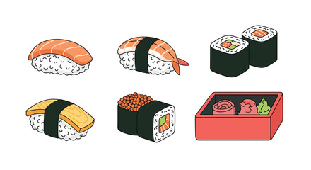 A colorful collection of various Japanese sushi and maki rolls presented in a charming, illustrative style, perfect for food-related designs.