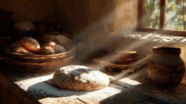 Fresh rustic bread cooling on a wooden table, dusted with flour, steam rising in the sunlight, with loaves in a basket nearby.